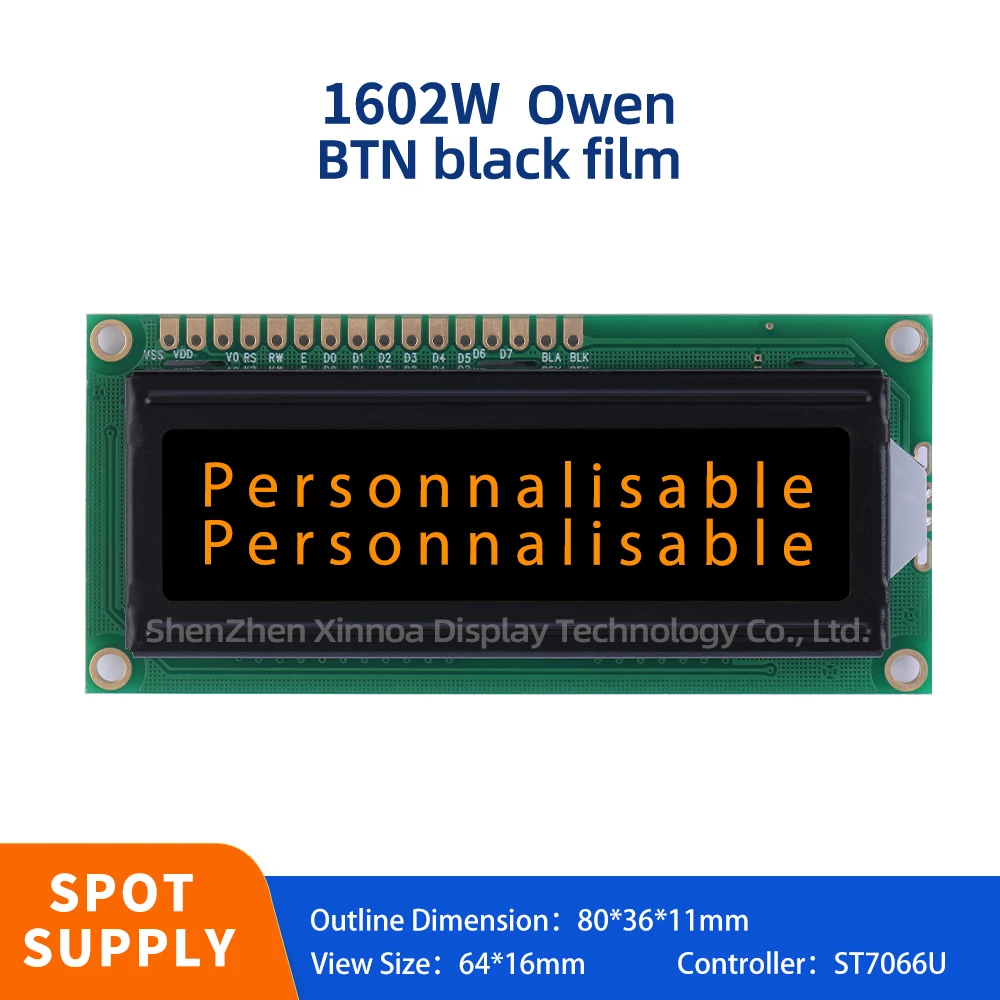 

Full View Wide Temperature Multi Word Library 1602W European LCD Module BTN Black Film Orange Letters ST7066U Controller