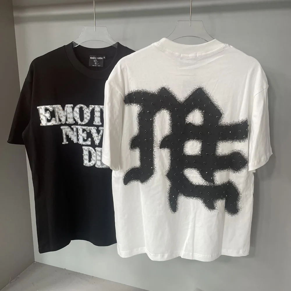 

White Black Shinning Rhinestone Short Sleeve Summer Tshirts Men Streetwear Cotton Crew Neck Top Tees Oversized Mixed Emotion