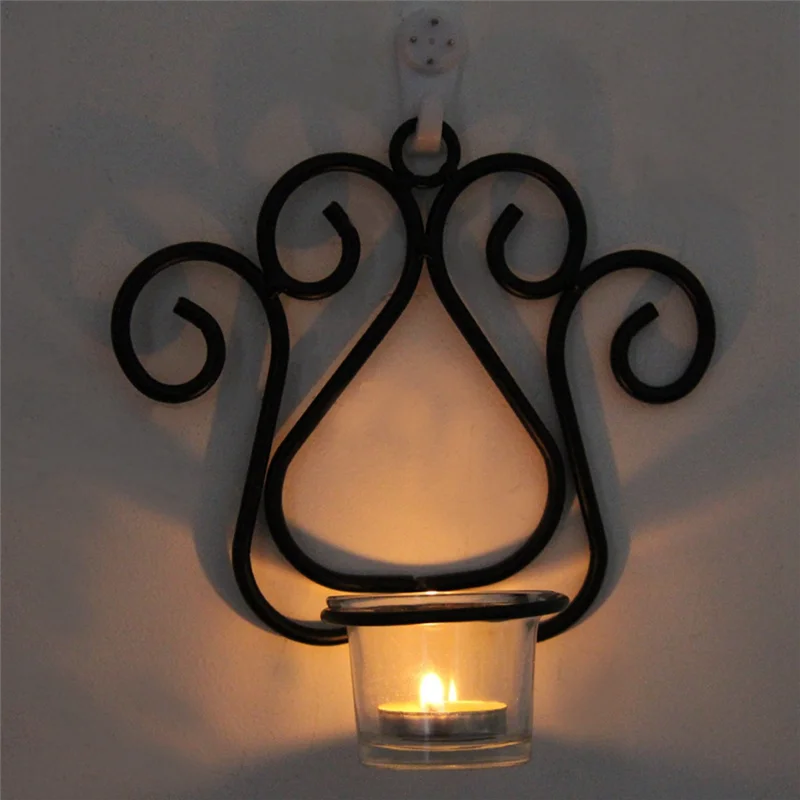 

A83F-Wrought Iron Wall Hanging Candle Holder Home Decor Black Candlesticks Candle Sconce Wall Sconces Candle Stand Durable