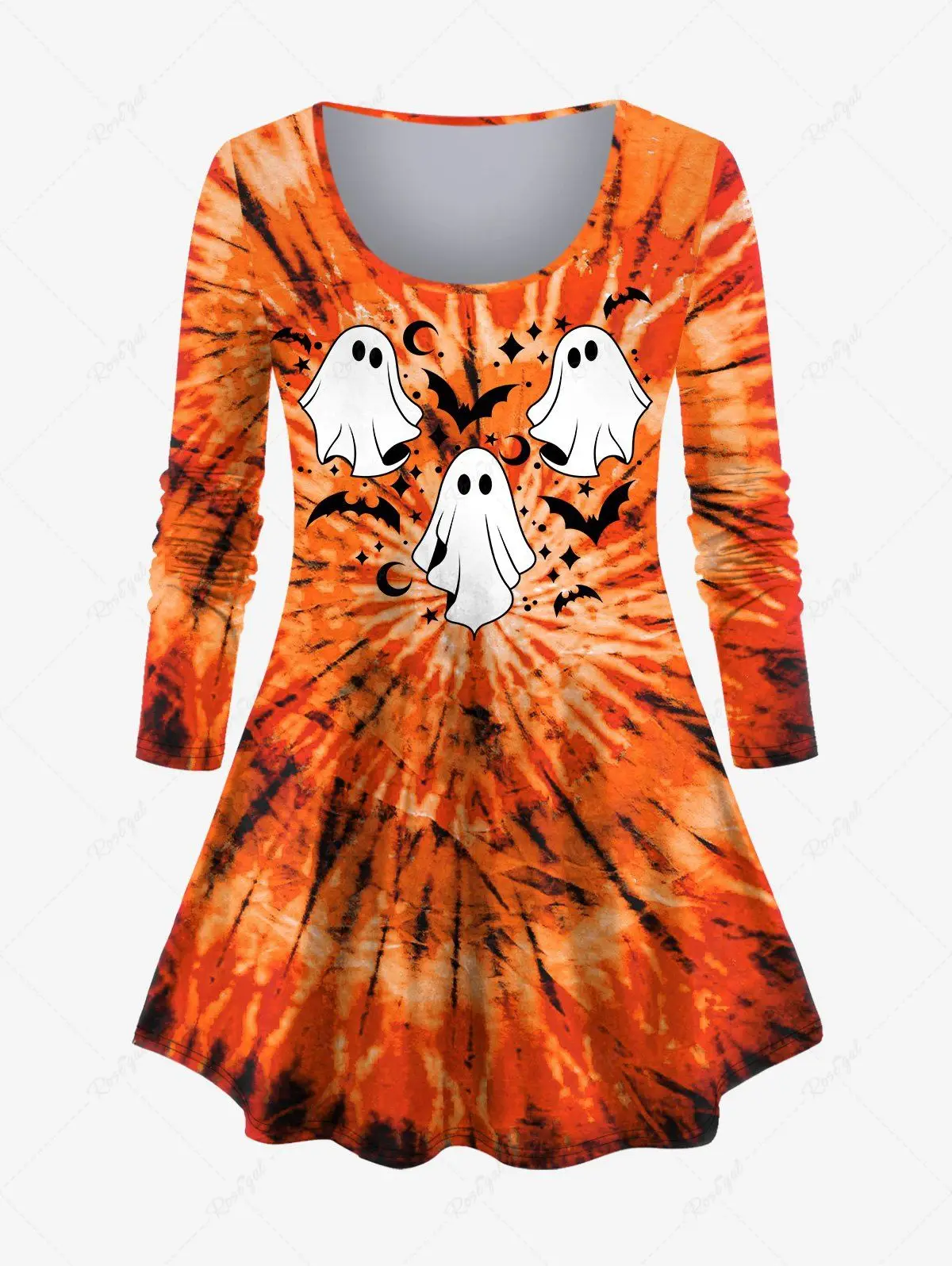 Spring Autumn Plus Size Halloween Tie Dye Bat Moon Star Ghost Print Casual T-shirt Or Flare Pants Outfit Women's Matching Set