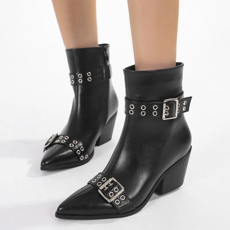 

Fashion Vintage Rivet Big Belt Buckle Women Ankle Boots Cozy Leather Pointed Toe Punk Low Thick Heels Autumn Winter Shoes