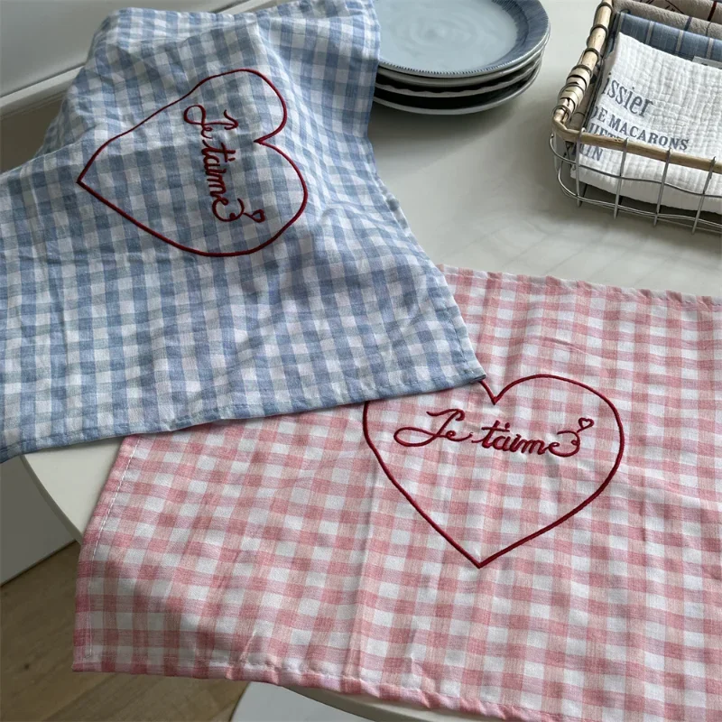 Blue Pink Checkered Tablecloth Heart Embroidered PlacematsTable Mat Food Posing Background Cloth Home Decoration Accessoies
