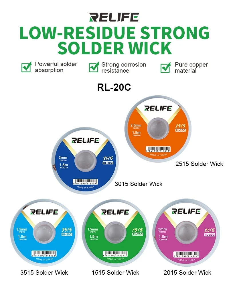 RELIFE RL-20C Solder Wick Low Residue Strong Tin Absorbing Tape for Cleaning PCB Boards and Similar Soldering Work Tool
