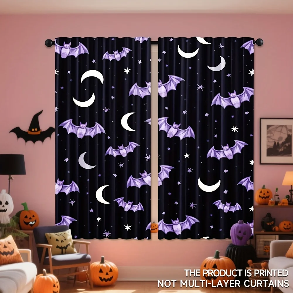 2PCS Digital Print Curtains, Halloween Themed Bat, Halloween Decor