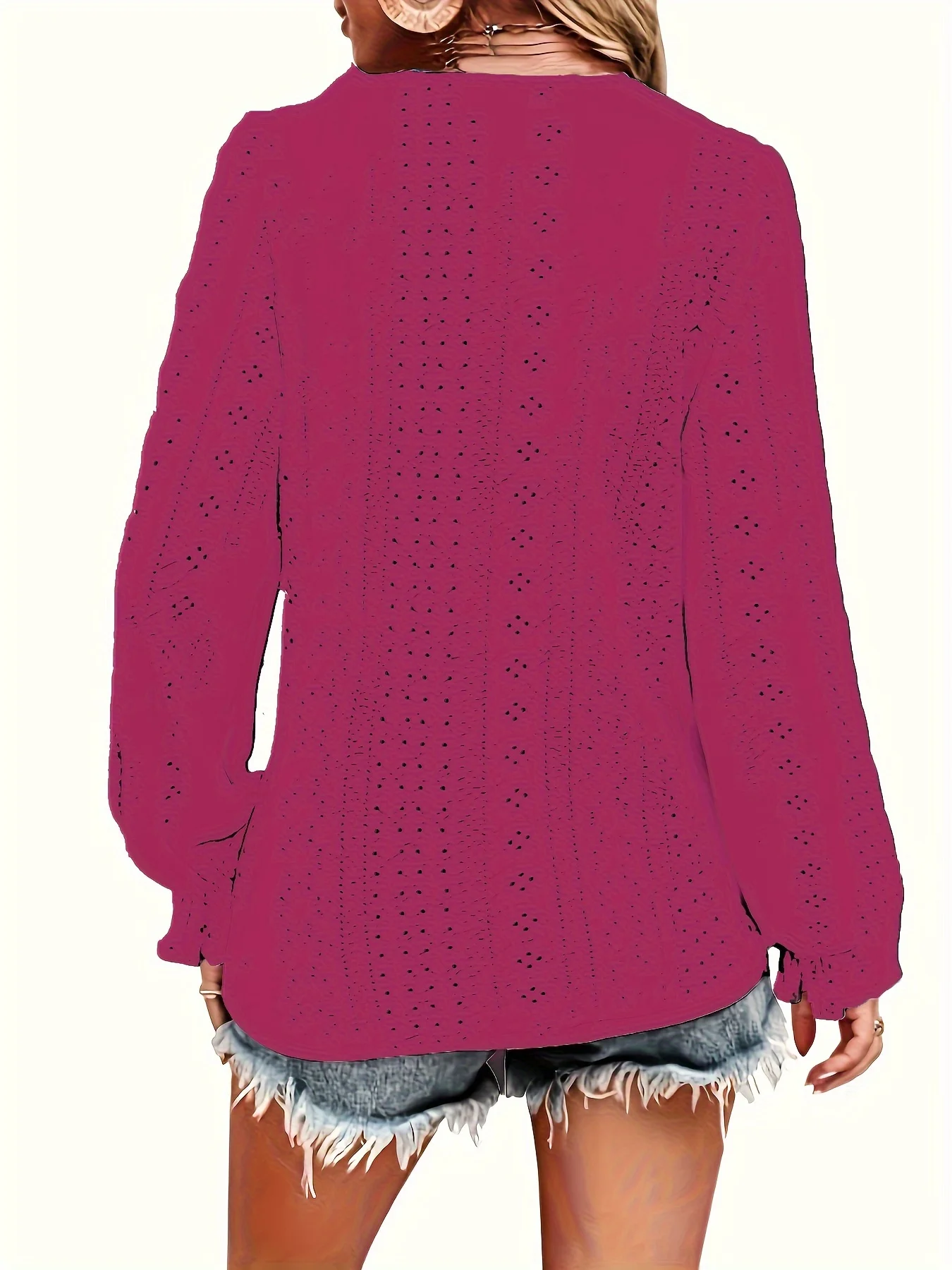 Plus Size T-Shirt mit Ösenknopf-Dekor, lässiges V-Ausschnitt-Langarm-Top für Frühling und Herbst, Damen-Kleidung in Übergröße – Detail 24