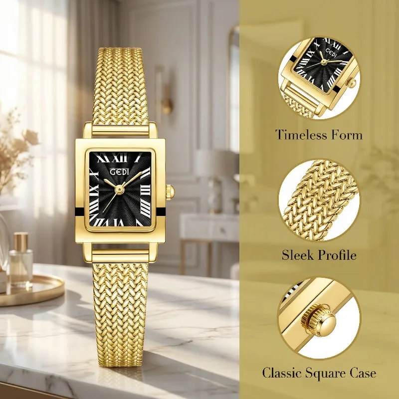 

Простые прямоугольные женские часы в винтажном стиле, роскошные золотые кварцевые наручные часы для женщин, с браслетом из нержавеющей стали, модные элегантные женские часы
