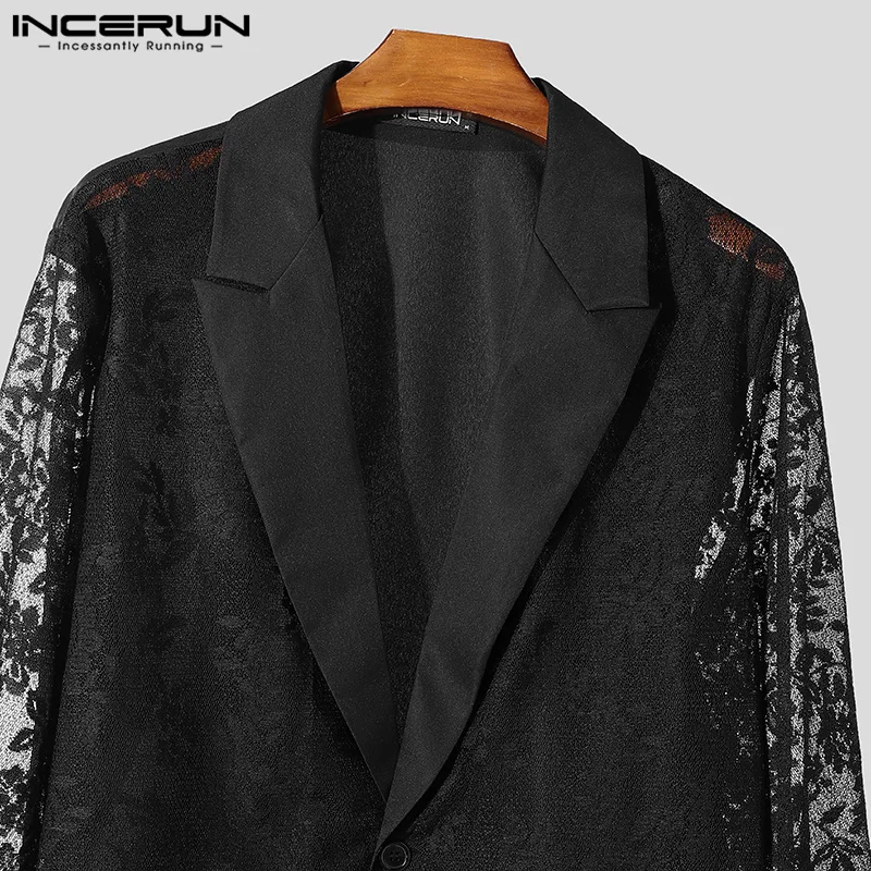 INCERUN Handsome Mens Tops Sexy See-through Lace Patchwork Suit Coats Leisure Male All-match Thin Long Sleeved Blazer S-5XL 2024