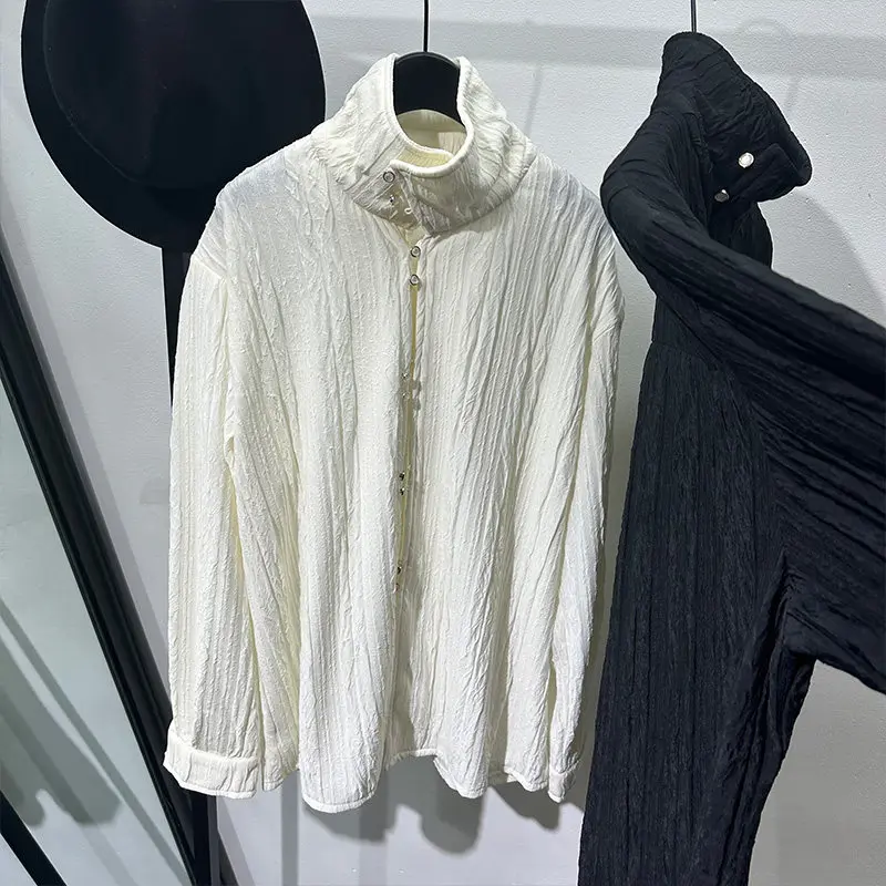 Avant-Garde Fashionable Design Pleated Loose Lapel Long Sleeve Shirt Pu Handsome Retro Distressed Yupi