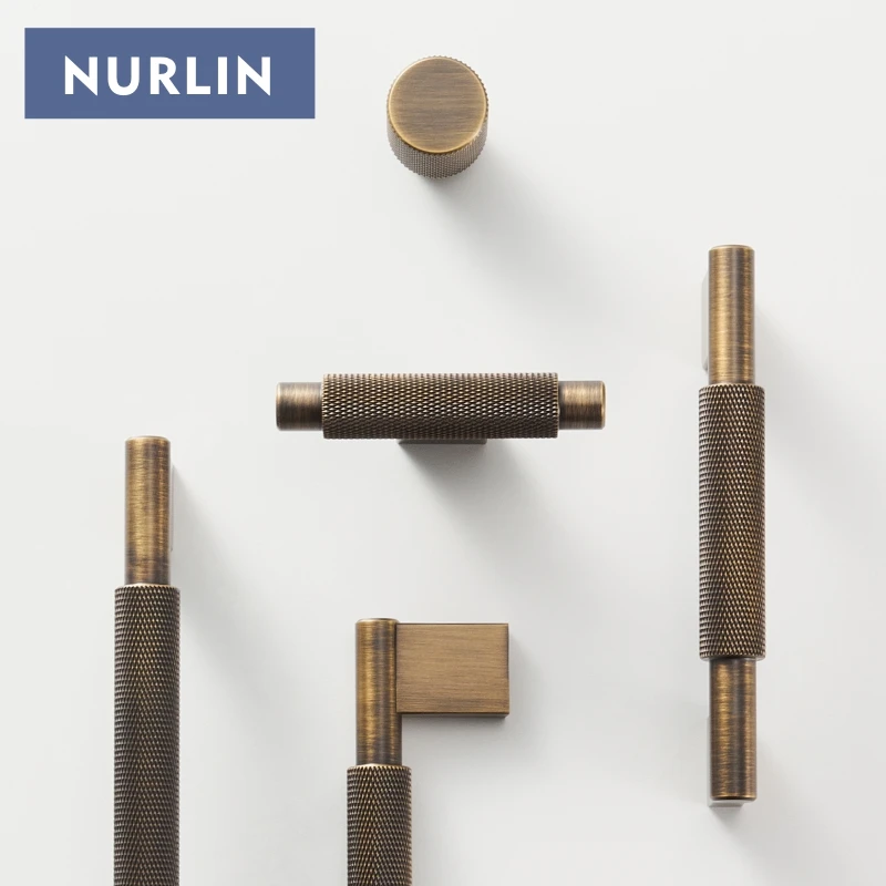 Nurlin Solid Brass Knurling Antique Brass Cross Pattern Cabinet Knob Cupboards T-bar Furniture Refrigerator Door Kitchen Pull