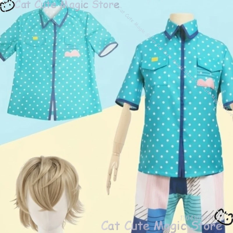 Costume d'été A3 Miyoshi Kazunari : Chemise hawaïenne bleue à manches courtes, pantalon tendance et perruque – Idéal pour Halloween, festivals et Comic Con