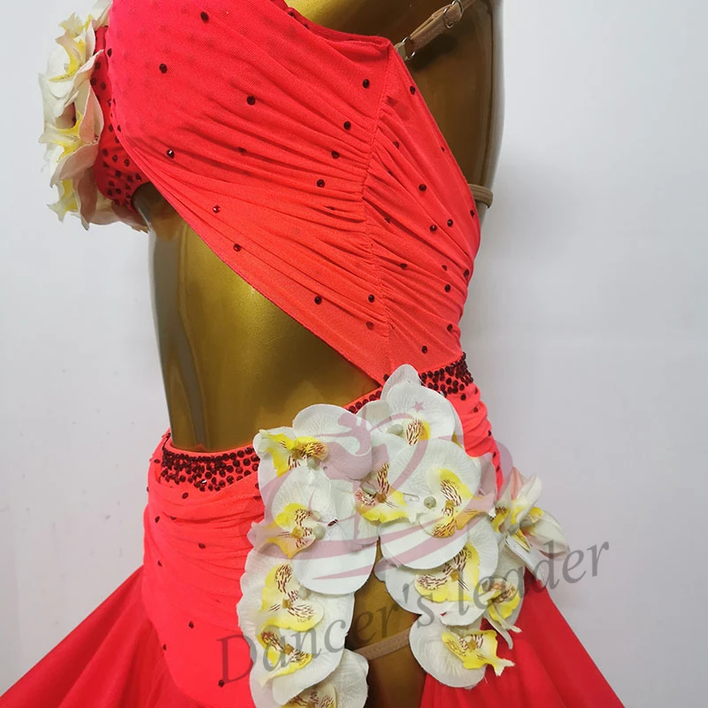 Costume de Concours de brevLatine Standard National, Haut de Gamme, Personnalisé, Robe à Fleurs avec Ruban Rouge, Nouvel An