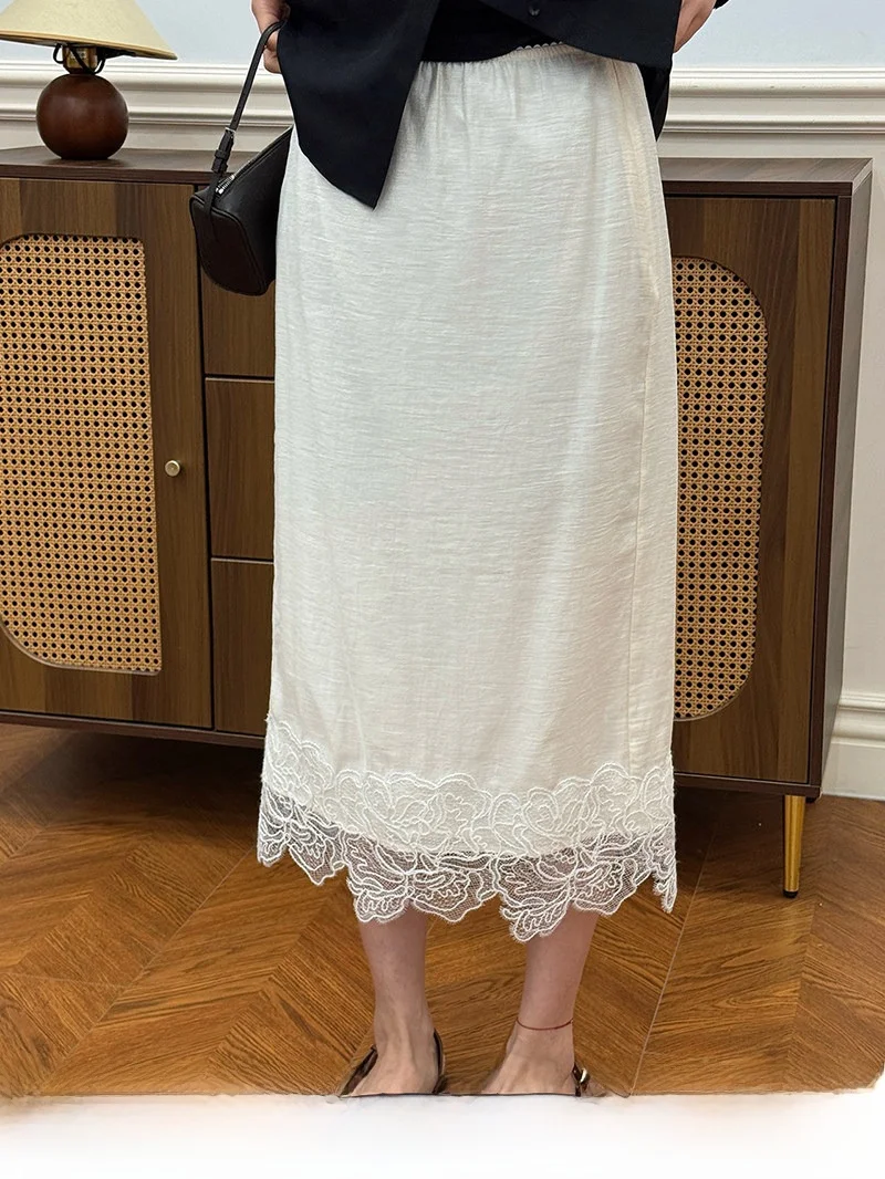 Falda Midi de Encaje y Acetato Zhou Xiaoya, Nueva Colección de Verano, Color Crema, Corte Recto, Cintura Media, Informal para Mujer
