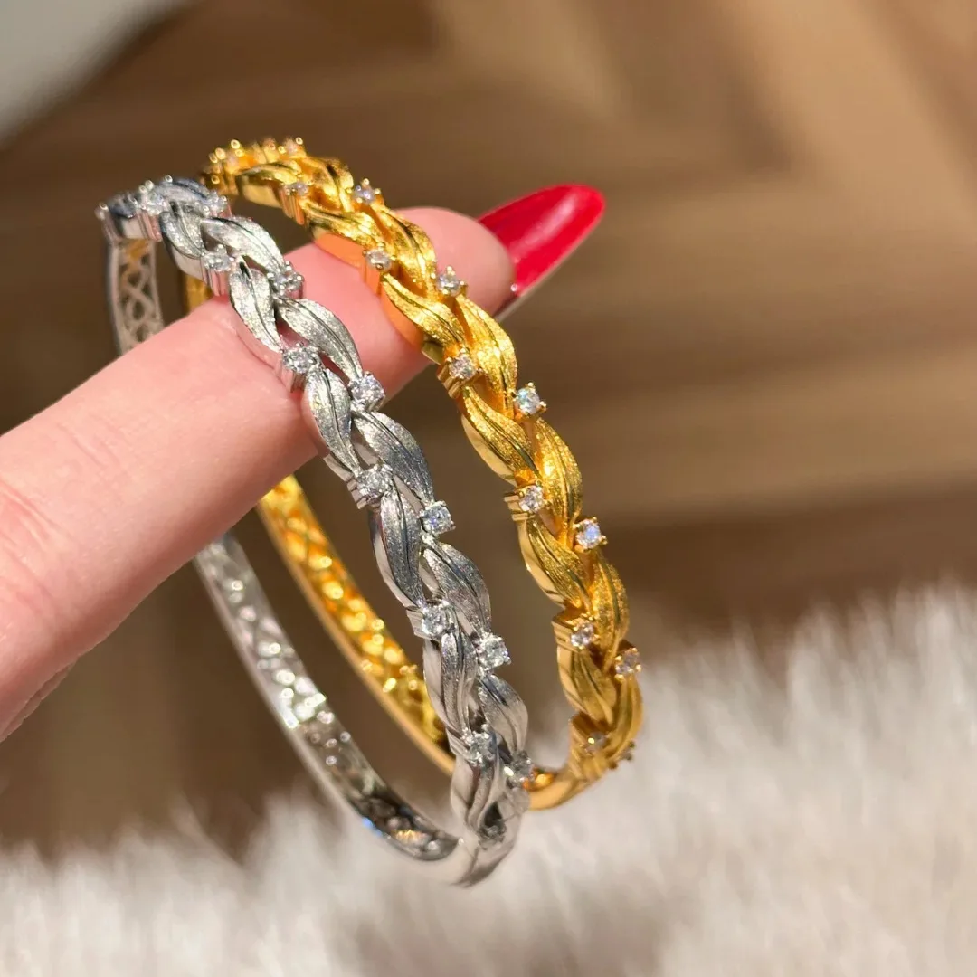 Vintage Exquisite Jewelry Willow Leaf Design Gold Color Bracelets Bangles Inlaid with Zircon Hand Accessories For Women