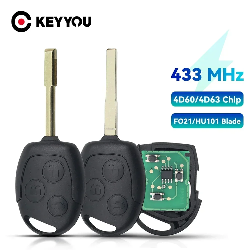 KEYYOU For Ford Focus Fiesta Mondeo Fusion Transit KA 2001 2002 2004 2005 2006 2007 2008 Remote Car Key 433MHz 4D60 Chip