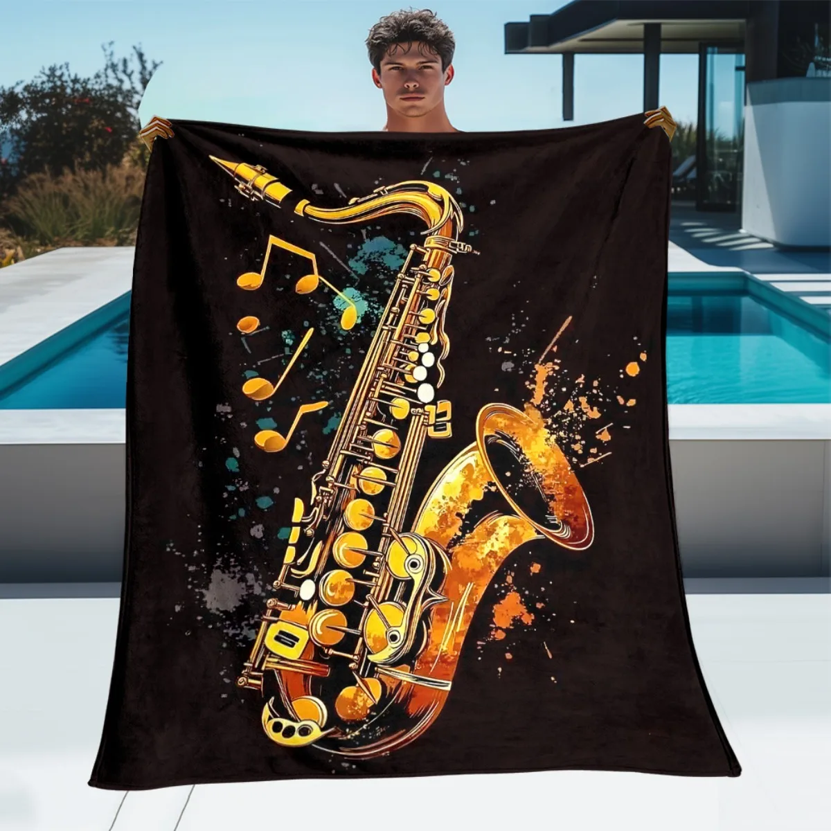 High Quality Saxophone Jazz Music Blanket Throw Art  for Musicians Concert Lovers Retro Vibes 150x230cm Black Decor