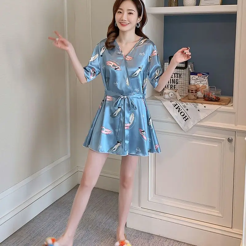 Ice Silk Pajamas Women Summer Short-sleeved Shorts Two Sets Can Be Worn Outside The Simulation of Silk Advanced Sense of Women