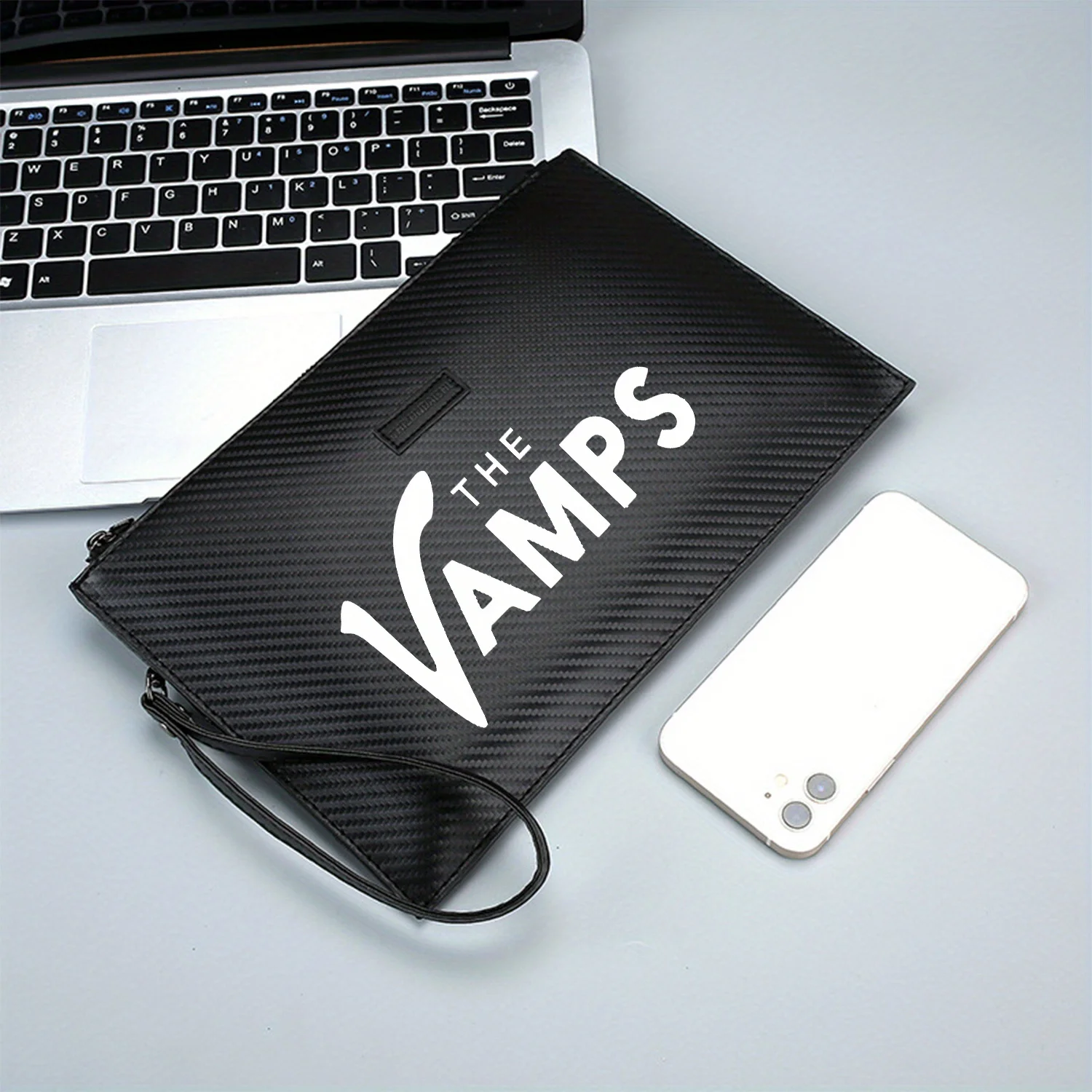 Logo della band Vamps scritte bianche Elegante borsa da uomo in PU stampata Alla moda e pratica per il trasporto quotidiano