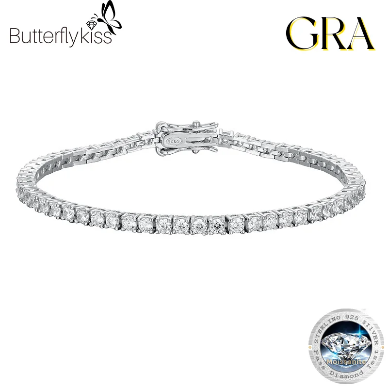 Butterflykiss 2.5mm D Color Pass Diamond Tester GRA Round White Gold Plated 925 Silver Moissanite Tennis Bracelet For Women Men