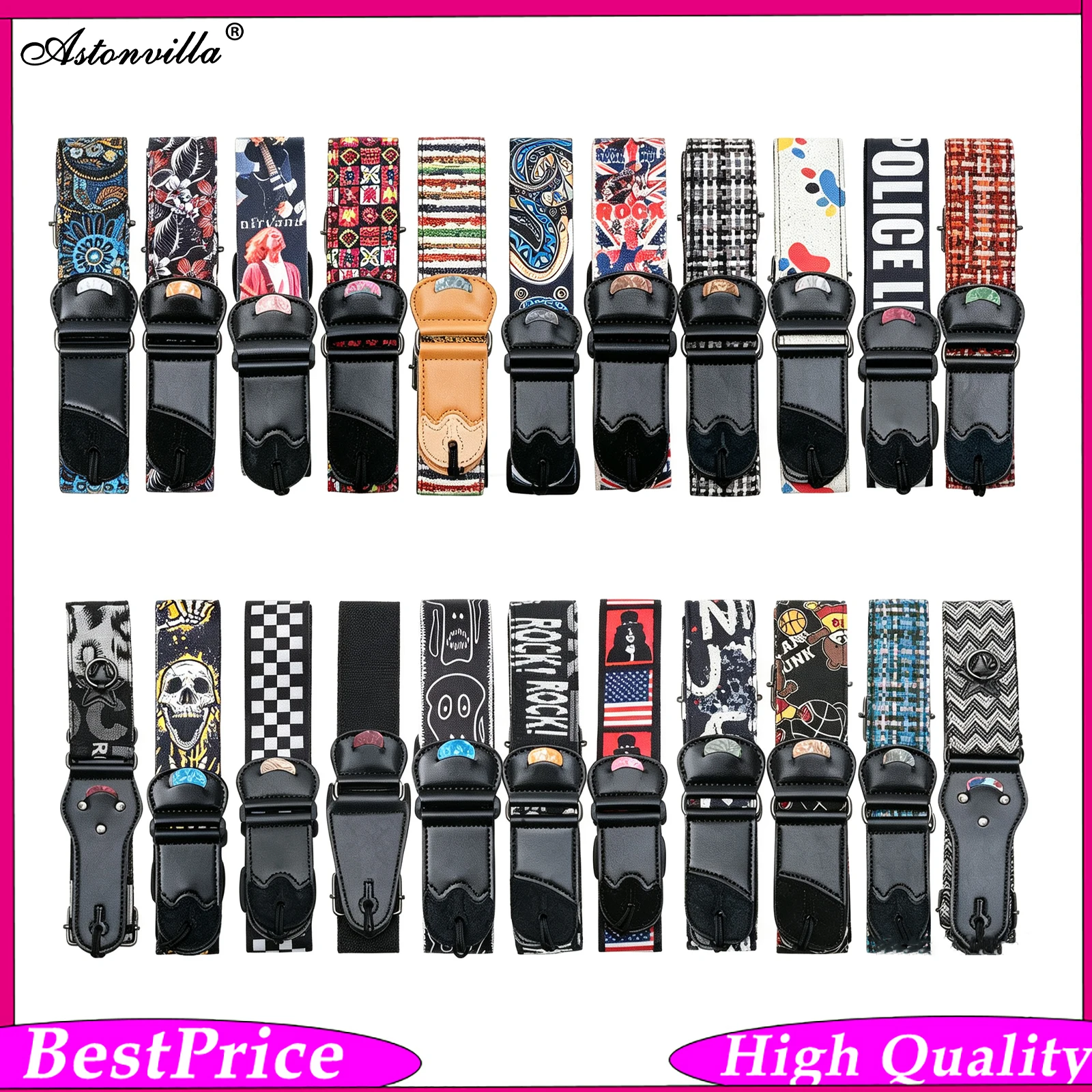 Guitar Bass Strap Widened Adjustable Crossbody Shoulder Strap Embroidered Guitar Strap for Beginner Player Live Show Rehearsal
