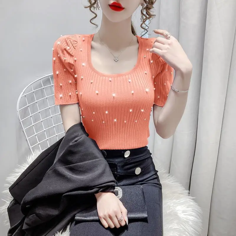 Fashion Chic Commute Summer Women's Solid Color Round Neck Beading Slim Fit Short Sleeve Pullover Ice Silk Knitted T-shirts Tops