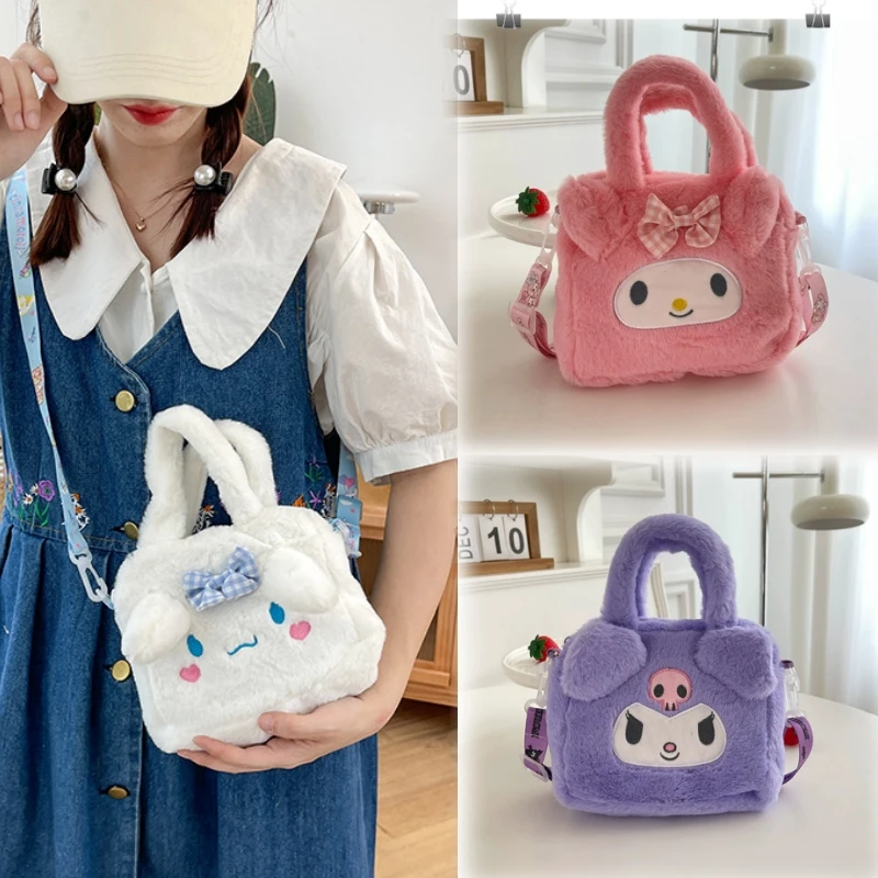 

2024 Kawaii HelloKittys Plush Bag Cartoon Kuromi My Melody Portable Handbag Crossbody Cosmetic Storage Bag Women Girls Gift