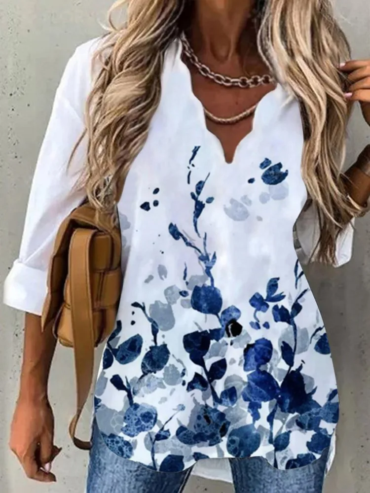

Fashion Blue Floral Print Blouse For Women Casual Long Sleeve V-neck Chic Blouses Tops Female Spring Elegant Office Lady Shirts