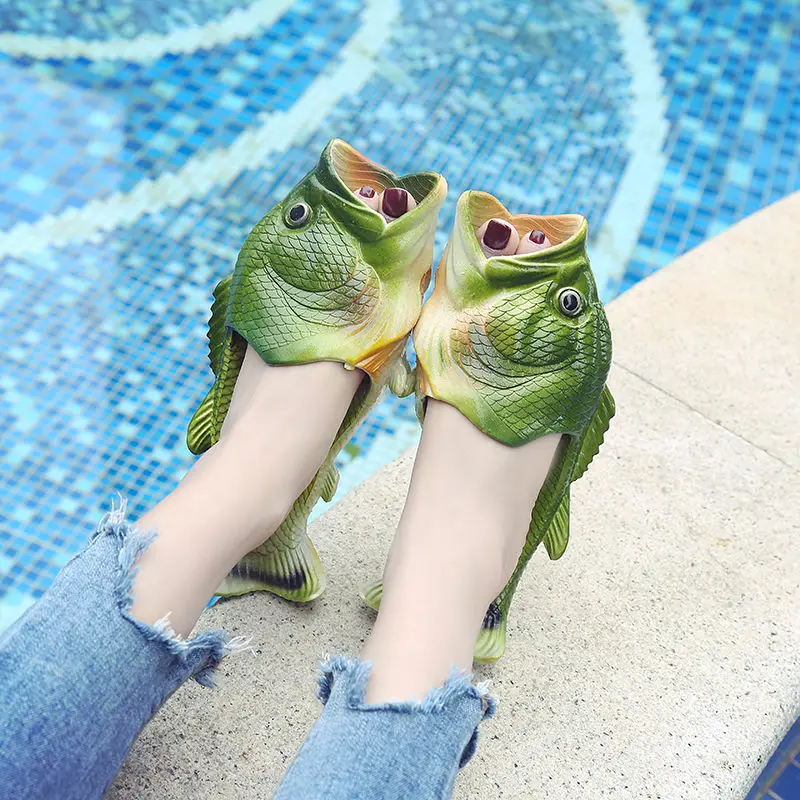 Designer peep toe fish slippers non-slip indoor bath shoes outdoor couples family animal flipflops women's beach slippers