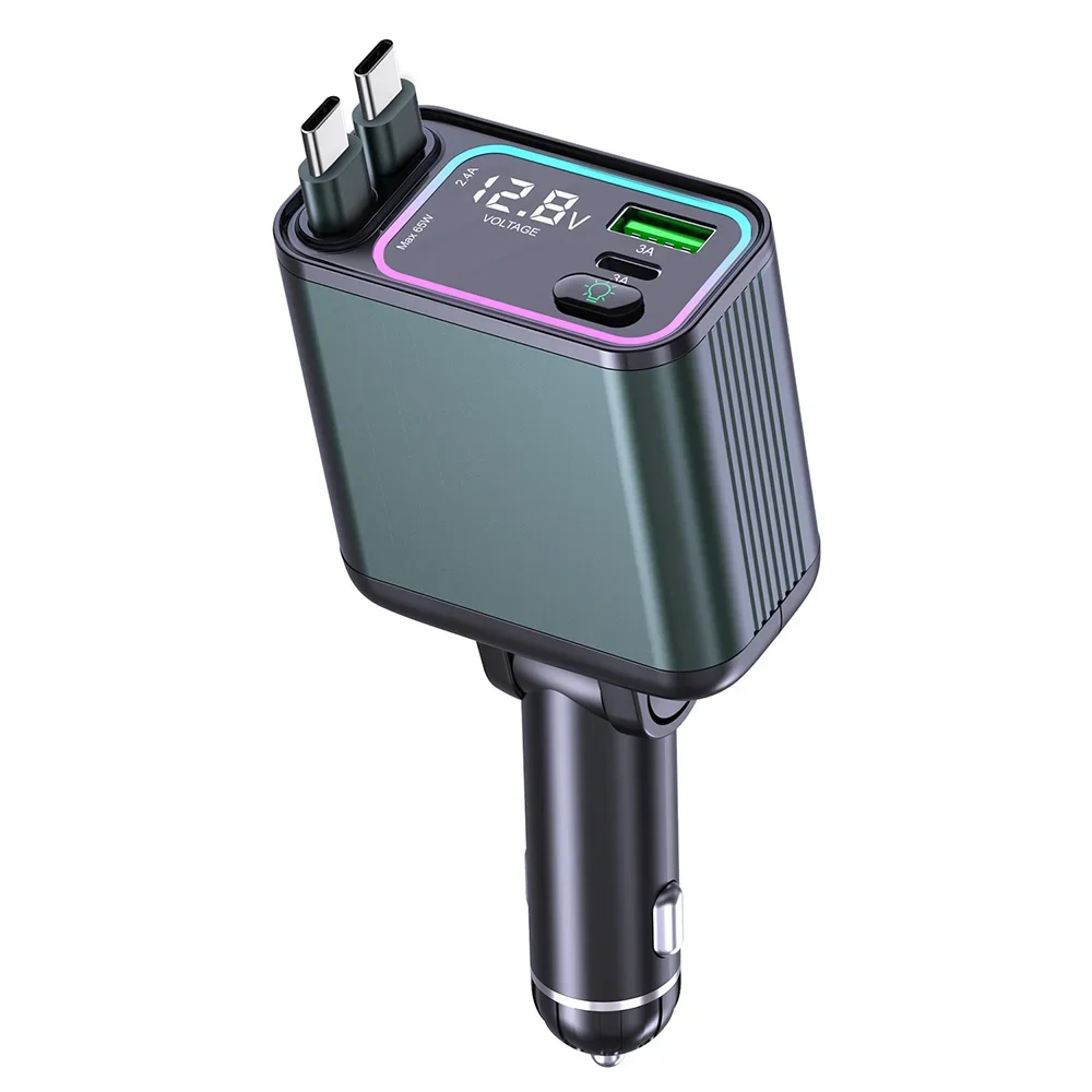 Cable retráctil de carga rápida para coche, cargador de 80CM, luz ambiental de Color, alta potencia, 65W + 25W, conexión USB int