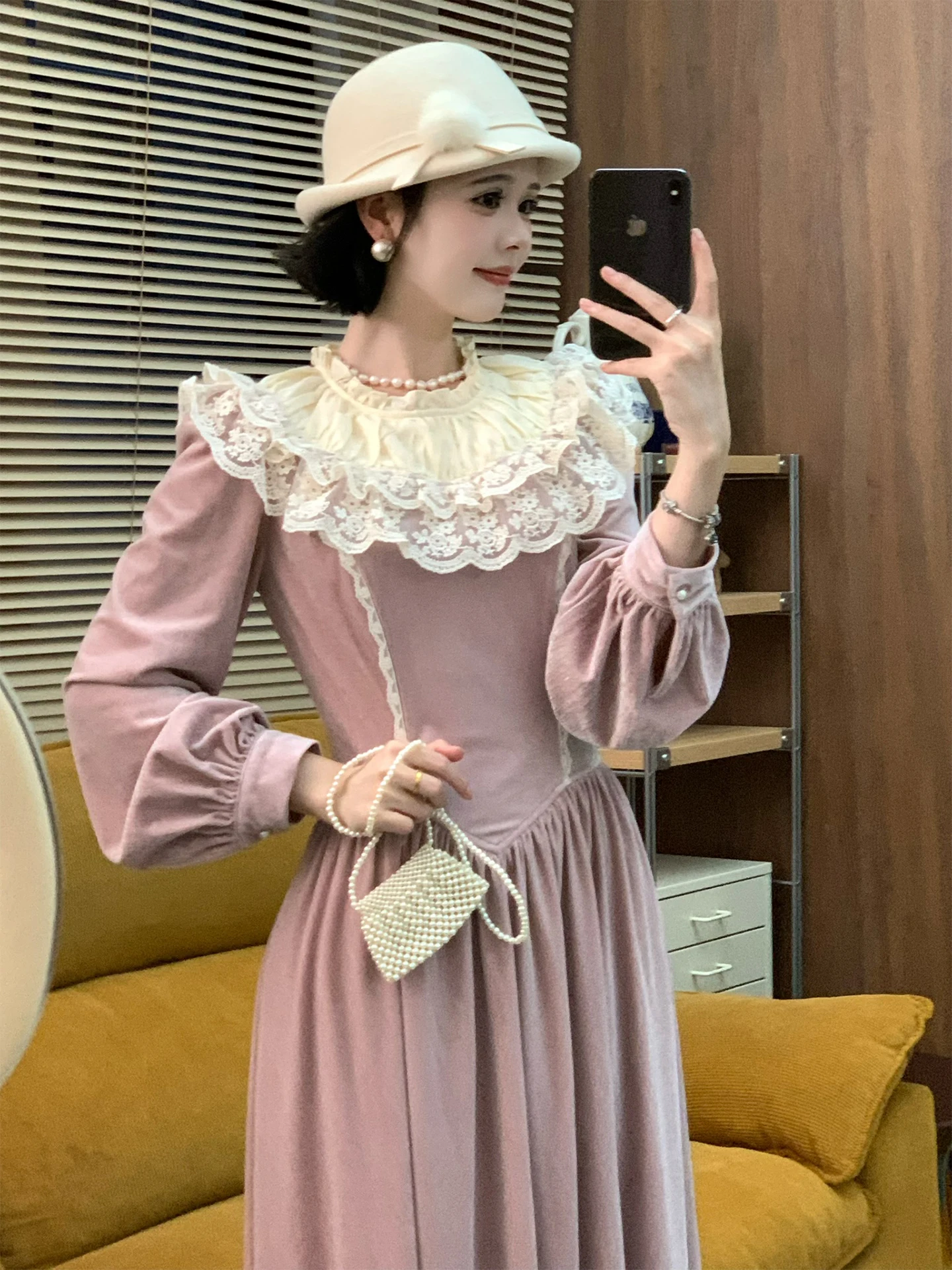 TIYIHAILEY Spring Autumn Velvet Women Printed Dress Full Sleeve Long Mid-Calf Ladies Clothing XS-XL Vintage High Waist Lace Pink