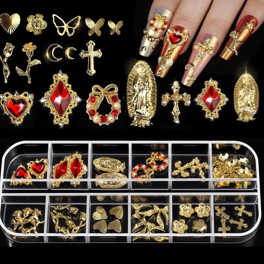 12グリッドゴールデンネイルチャームセットクロス/ハート/ローズ/聖母マリアY2K風3Dクロームネイルデコレーションレッドラブマニキュアアクセサリー