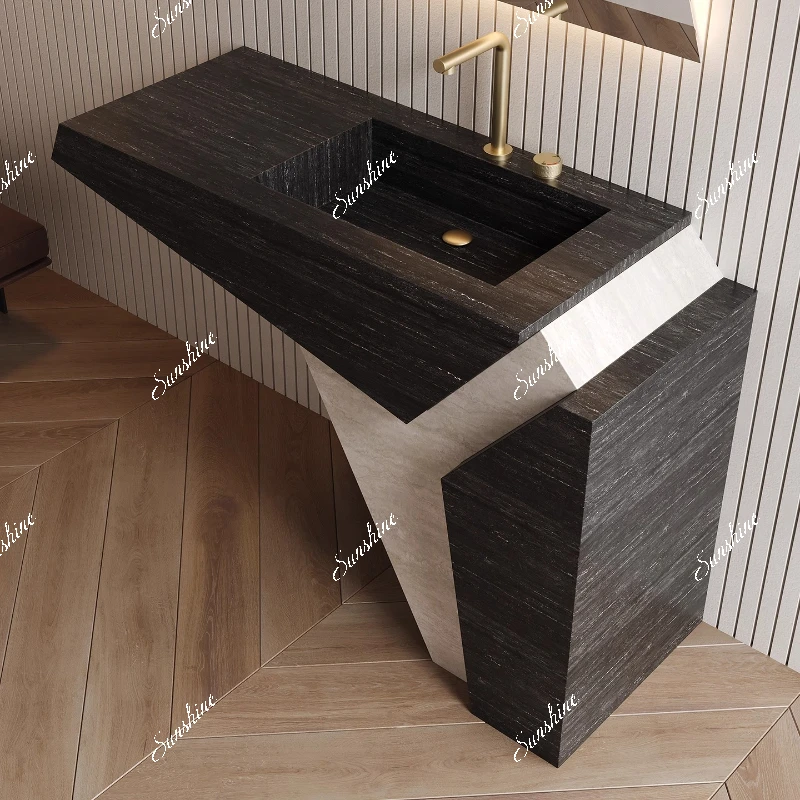 

Villa travertine slate integrated column basin outdoor courtyard bathroom cabinet combination bathroom washbasin