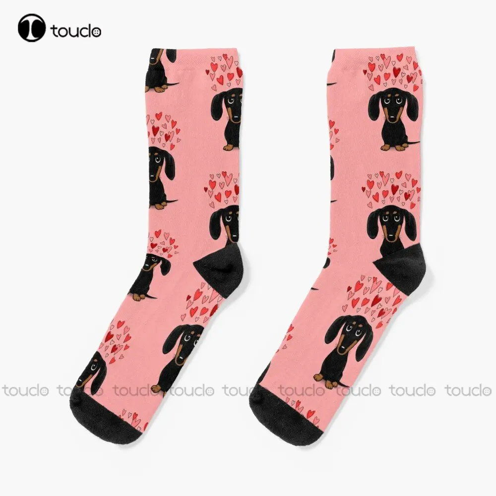 

Black And Tan Dachshund With Valentine Hearts | Cute Cartoon Wiener Dog Socks Cat Socks Women Street Skateboard Socks Funny Art