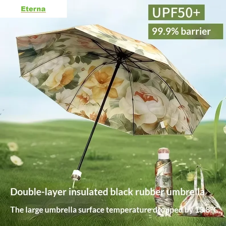 Double Layer UV Protection Folding Parasol Sun Umbrella Double-sided Print Compact Portable for Women