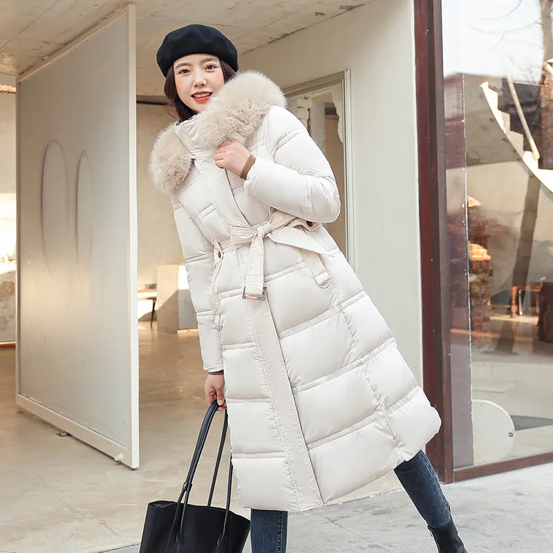 

2025 Winter New Style Women's Cotton-padded Jacket Extra Long Over-the-Knee, Large Fur Collar Slim Fit Belted Hooded