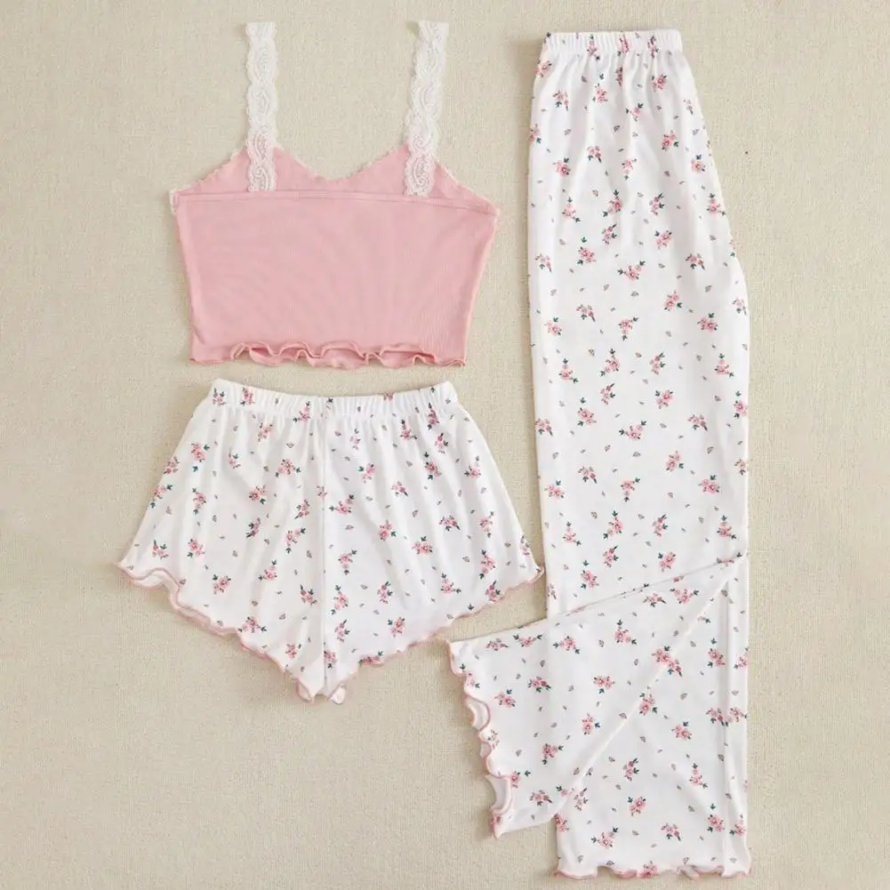 Summer Loungewear Stylish 3-piece Women\'s Pajama Set Lace Strap Camisole Heart Print Shorts Wide Leg Pants for Comfortable