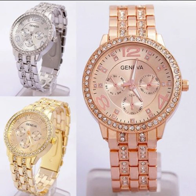 Luxus Weiblichen Uhr Genf Frauen Goldene Stahl Quarzuhr Military Kristall Casual Handgelenk Uhren Strass Relogio Feminino