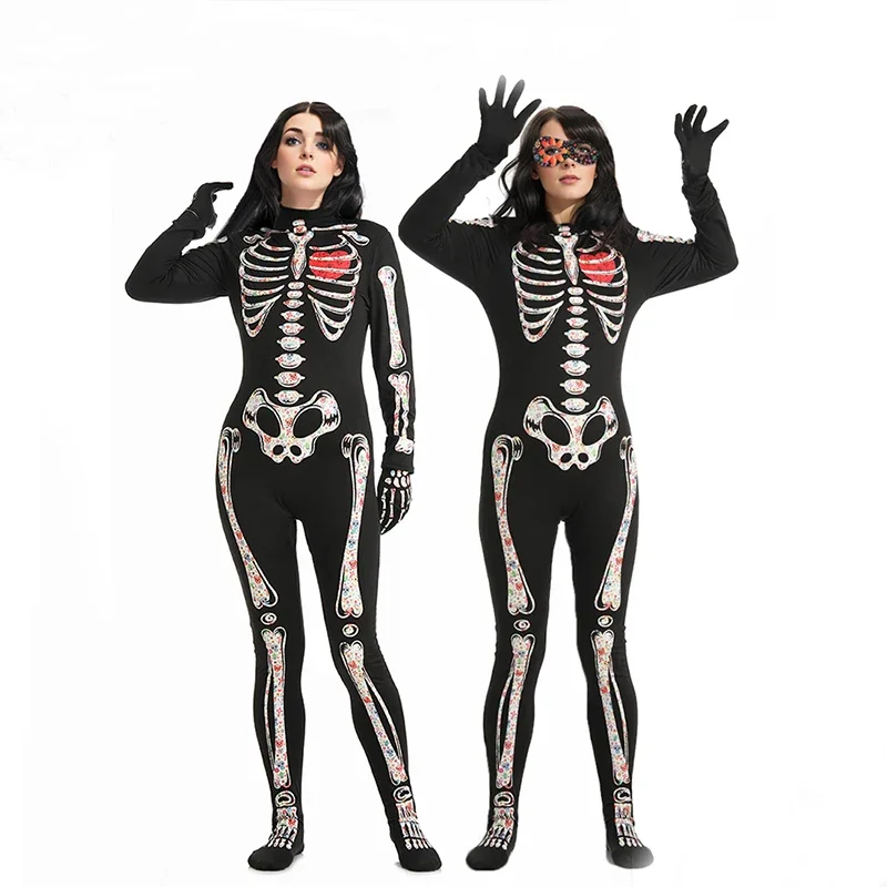 

Women's Halloween cosplay party costumes with colorful skull patterns, back zipper jumpsuit, gloves, and eye accessories