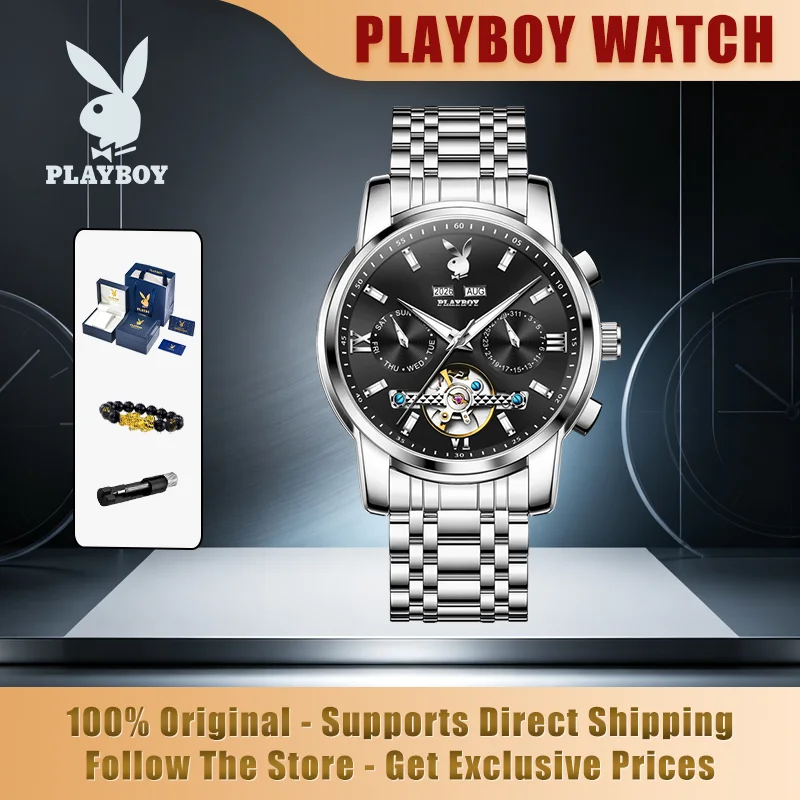 PLAYBOY 3140 Brand original authentic watches for man luxury Gift Box Solid steel belt multifunctional mechanical men's watch