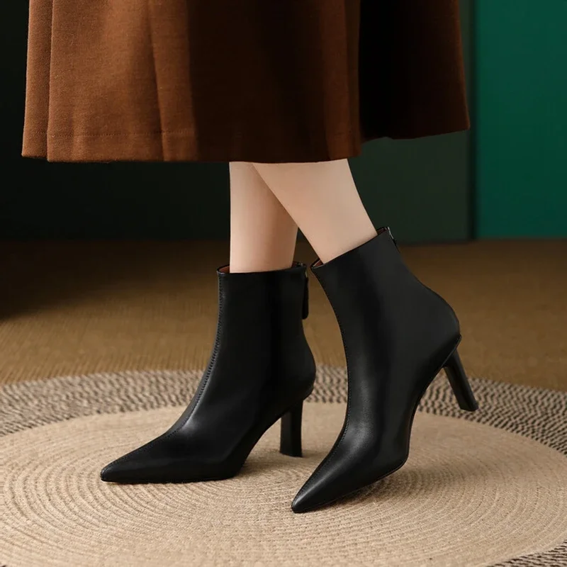 NEW Fall Shoes Women Pointed Toe High Heel Shoes Genuine Leather Shoes Square Heel Ankle Boots Elegent Modern Women Boots