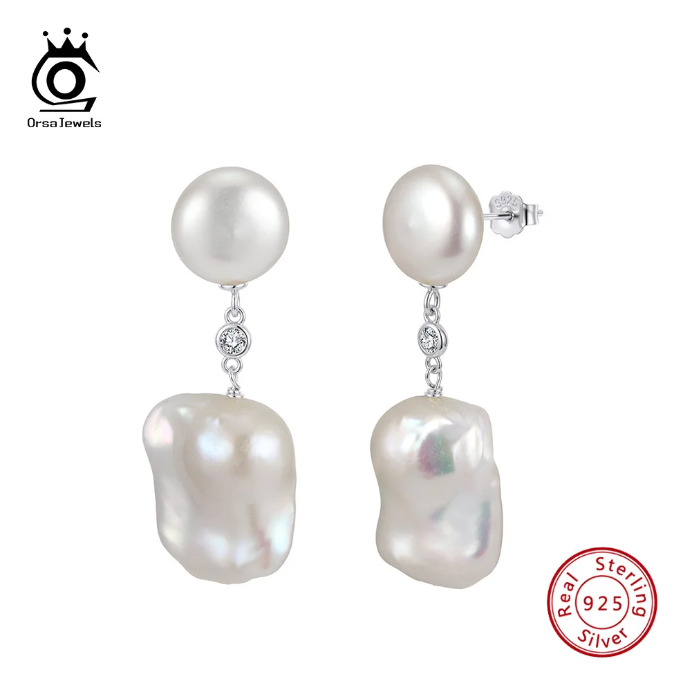 ORSA JEWELS Trendy Two Tier Round and Baroque Pearl Drop Earrings 925 Sterling Silver Shiny Statement Pearl Jewellery GPE159