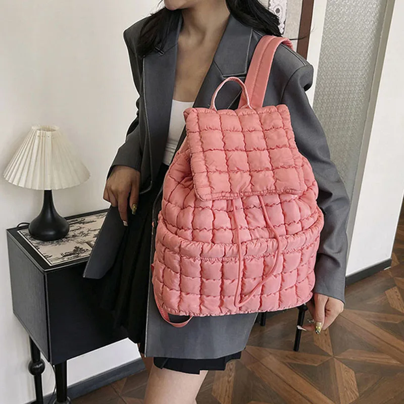 Mochila xadrez fofa outono inverno para baixo saco feminino acolchoado pacote grande capacidade sacos de viagem moda commuter saco luz pacotes macios