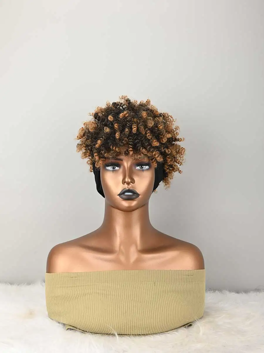 Headband Wig Curly Headband Wig With Bangs For Women Synthetic Afro Curly Hair Wig With Headband Attached Short Kinky Curly Afro High Puff With Bangs Stripes Short Red Curly Wigs with Bangs for Women, Natural Wavy Synthetic Wig, Fluffy Pixie Cut