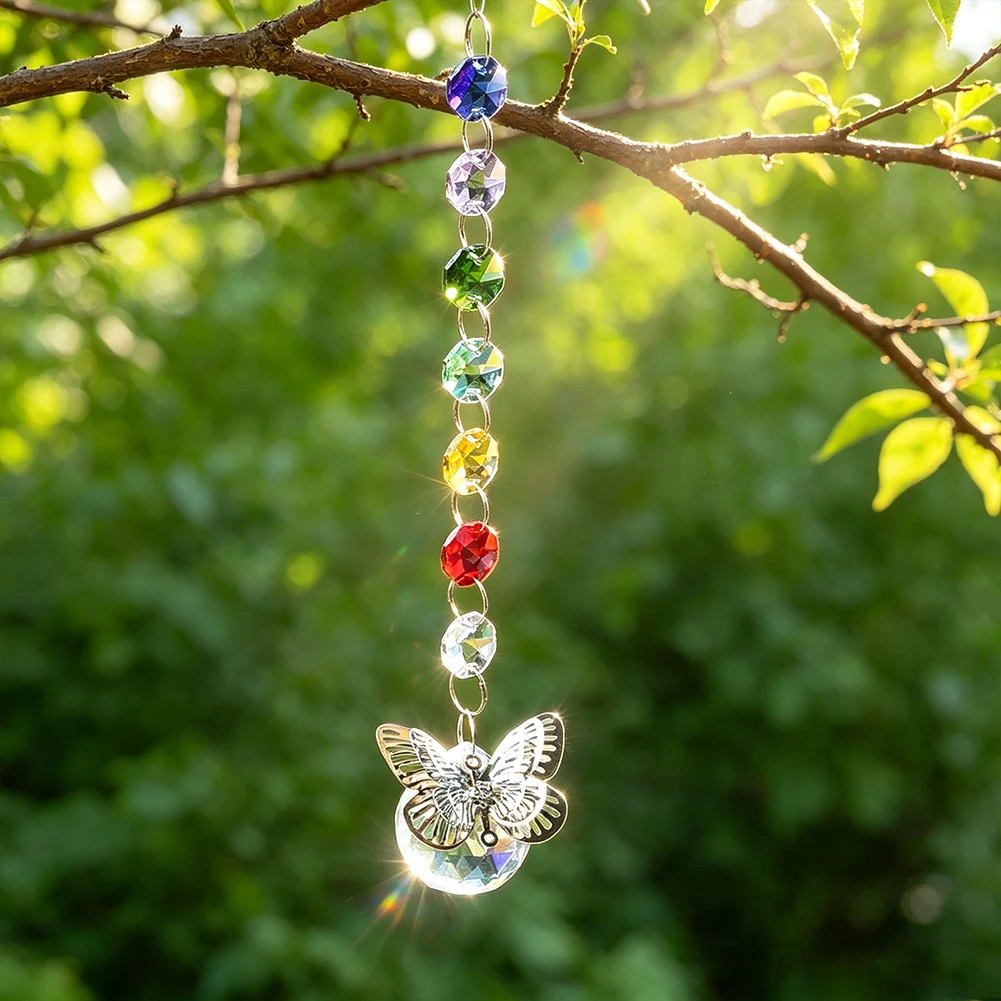7 Colors Octagon Crystal Suncatcher Butterfly Charm Faceted Rainbow Prism Hanging Ornament for Window