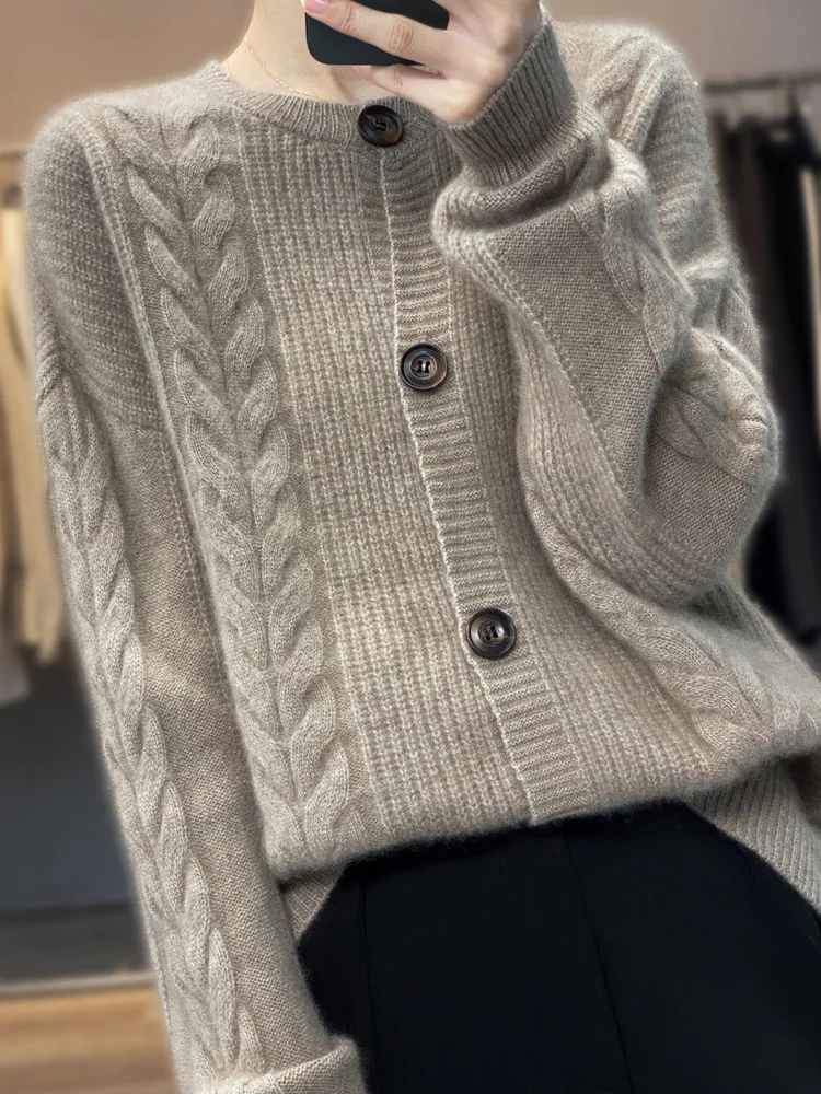 

2024 Spring Autumn New Women's Cardigan 100% Merino Wool Knit Sweater Chic Casual Tops Coat O-Neck Loose Fashion Female Cardigan