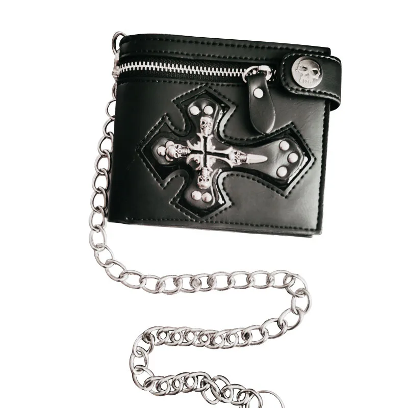 1Pcs Gothic Leather Wallet with Vintage Chain & Rivets Skull Cross Design Coin Purse Punk Rock Accessories