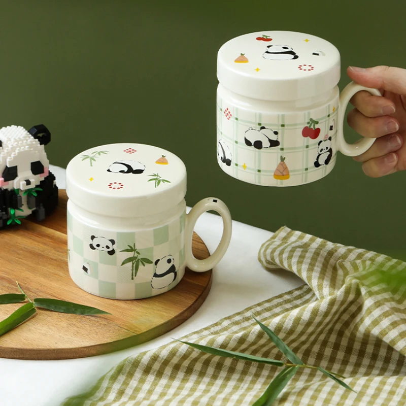 

Cute Ceramic Mug with Lid, Lovely Panda Small Flower, Office Water Cups, High Value Drinking Tea Cup, Home and Living