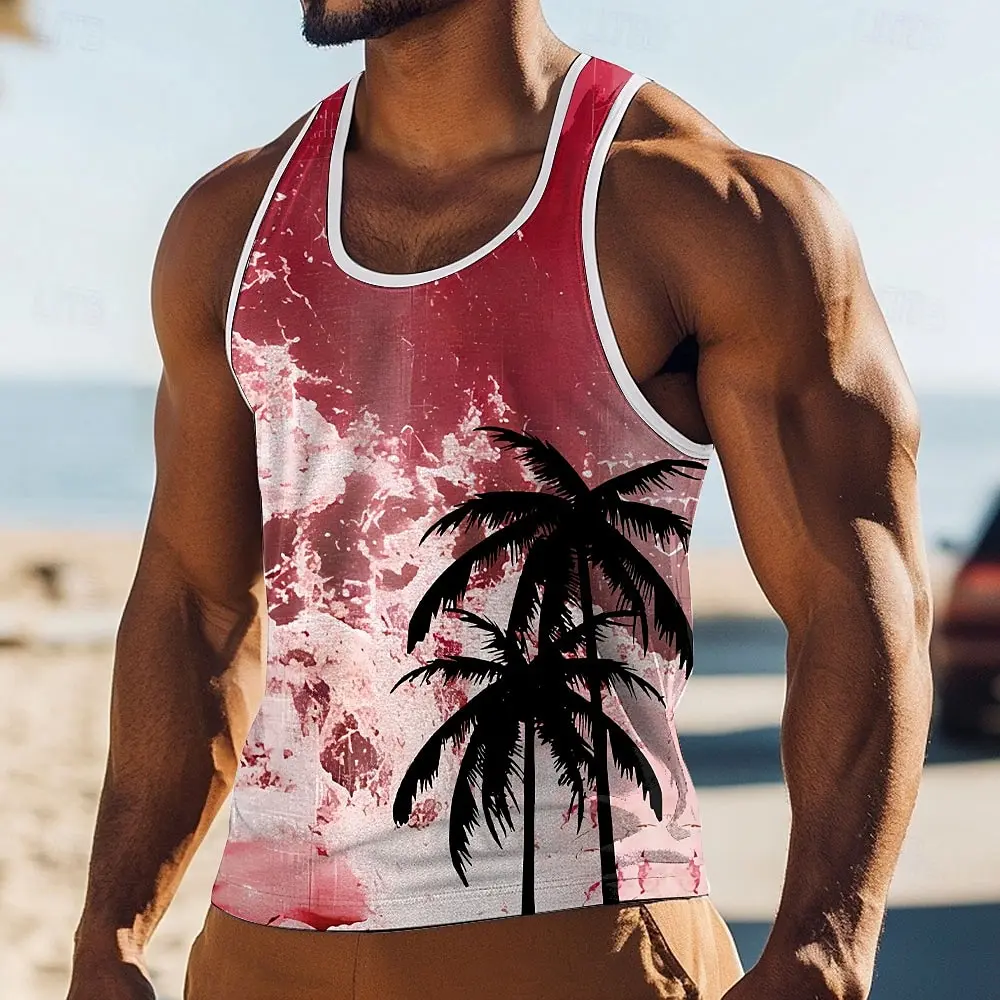 

Summer Seaside Men's Casual Tank Top 3D Print Palm Tree Graphic Hawaiian Style Sleeveless Tees Holiday Outdoor Quick Dry Clothes