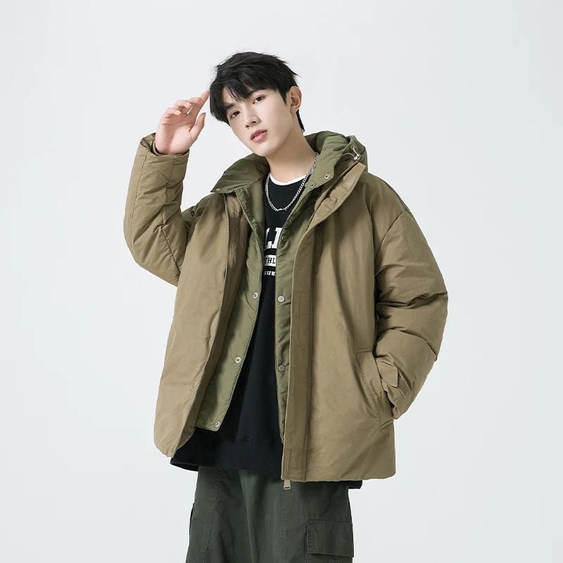 رجل الشتاء سترة منتفخة وهمية قطعتين مقنعين بطة بيضاء أسفل مكافحة البرد زوجين الزي عادية فضفاضة تناسب المألوف شارع العليا