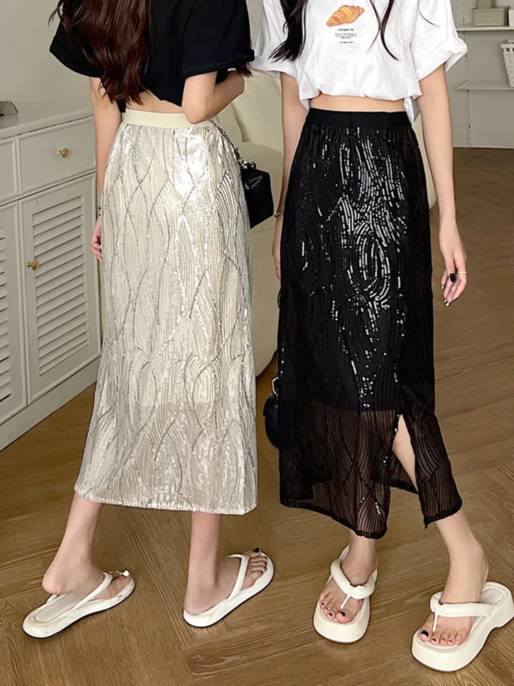 iny Sequin f-length Skirt Women's Mid-length High-waist Straight-cut Bodycon Skirt Hip-concealing Split Skirt Commute Sle