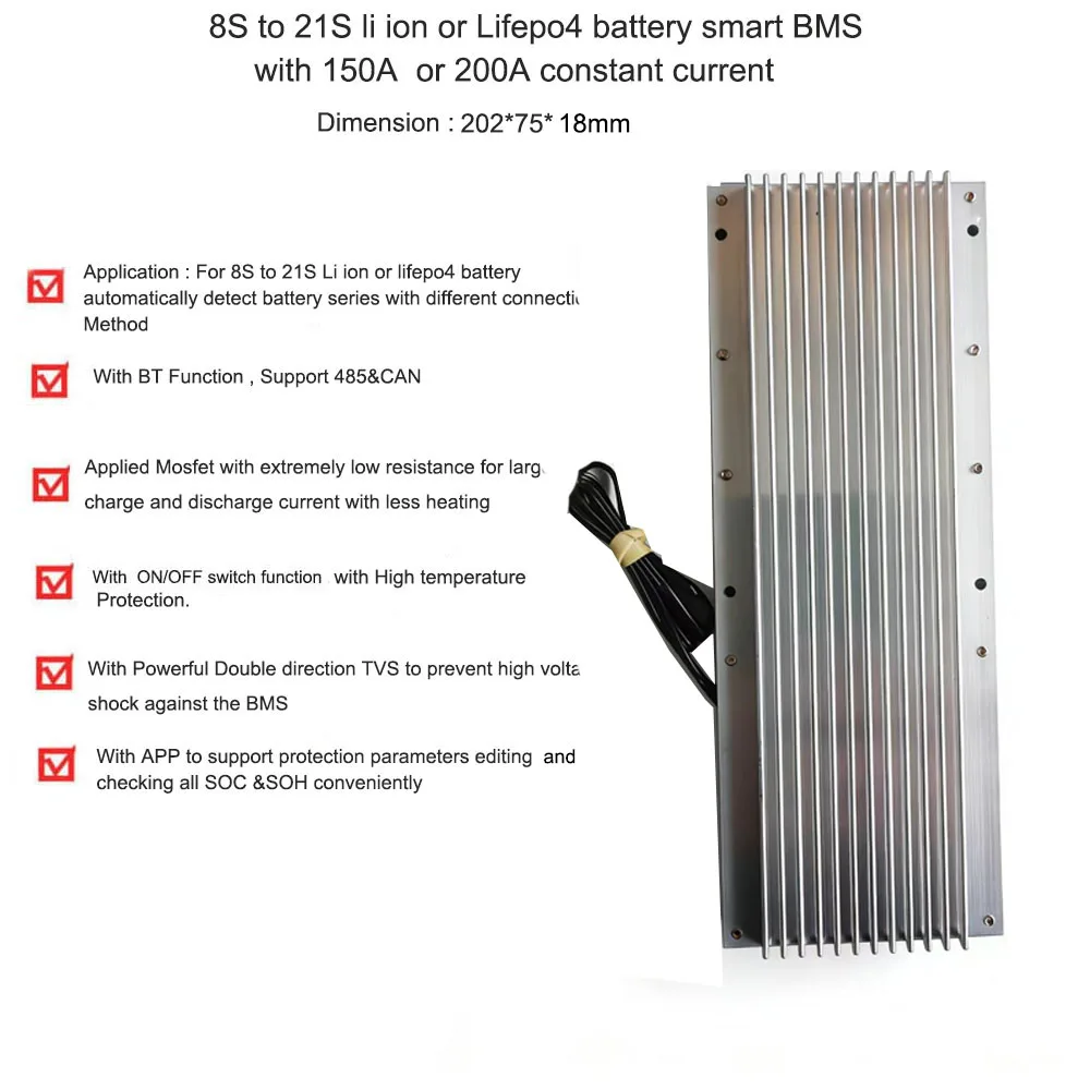 8S to 21S Li Ion or LiFePO4 Smart Bluetooth BMS 24V 36V 48V 60V 72V with 150A or 200A Current and with UART CAN RS485 Balance